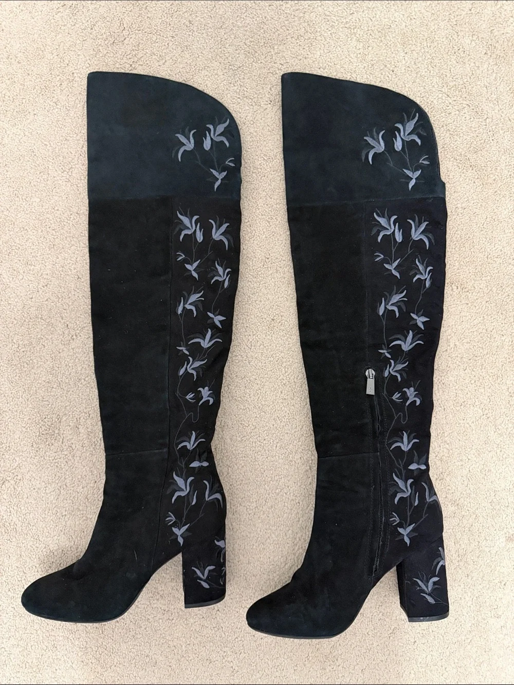 Kenneth Cole Claire Black Suede Embroidered Heel Boots size 6.5 Over the Knee